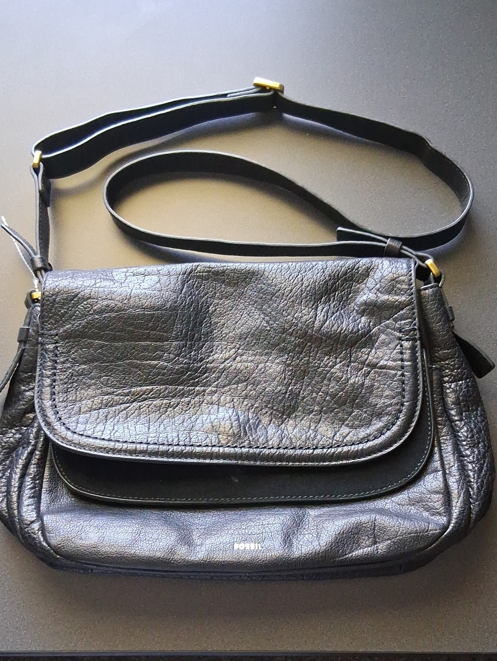 Fossil Black Pebbeled Leather Crossbody Purse Brass Hardware